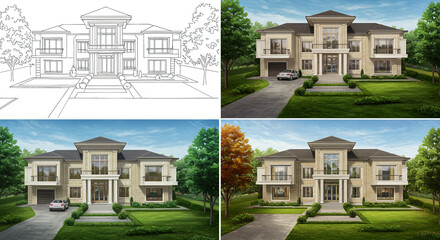 Fototapeta premium Four images showing the progression of a house rendering from line drawing to a fully colored and landscaped scene.