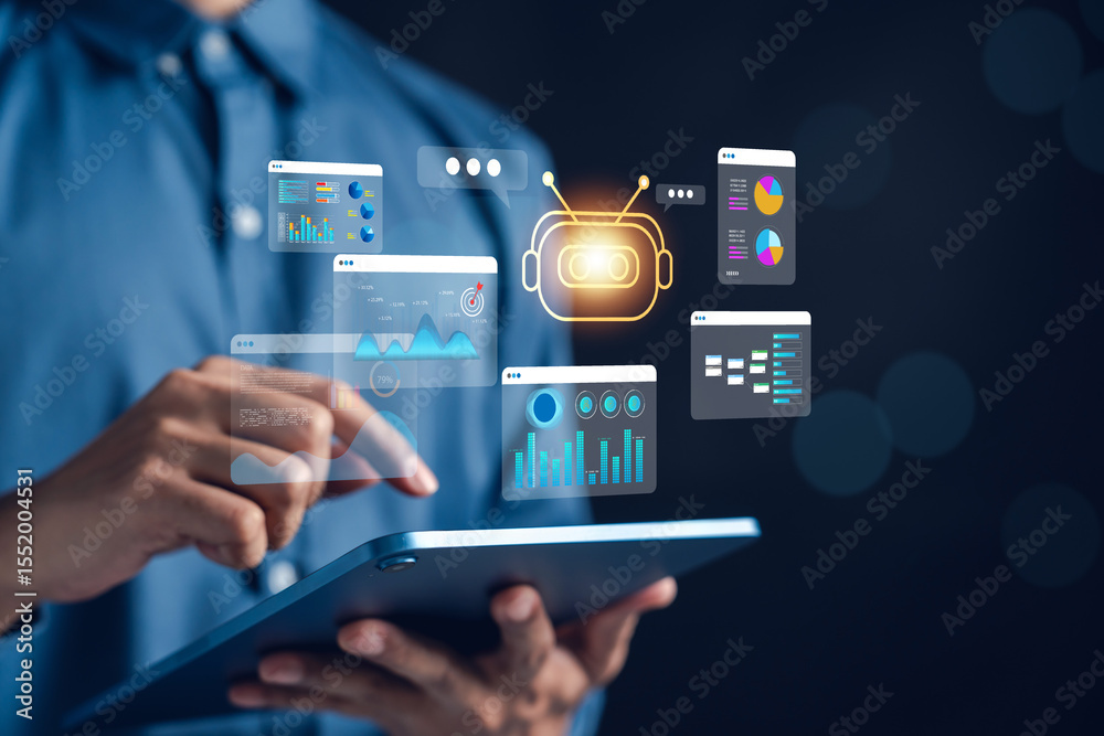 Poster Businessman using AI technology and robotic automation on digital tablet with analytics dashboards. Concept of artificial intelligence, machine learning, and smart business solutions.
