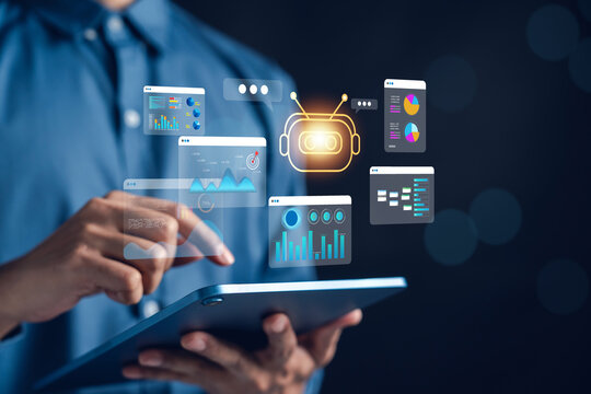 Businessman using AI technology and robotic automation on digital tablet with analytics dashboards. Concept of artificial intelligence, machine learning, and smart business solutions.