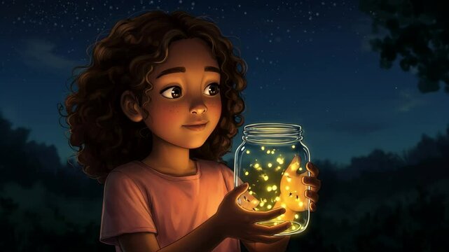 Curly-haired girl holding glowing firefly jar in dreamy forest at night