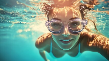 Naklejka premium Woman swimming underwater in clear pool with goggles and sunlight reflections. Protecting Skin from Chlorine and Salt Water, concept of summer relaxation and skincare freshness