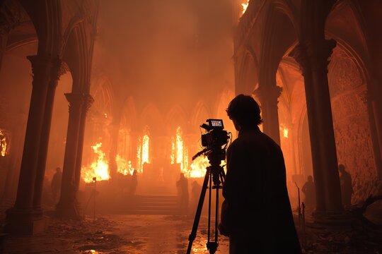 Filmmaking Scene Inside Abandoned Church on Fire with Film Crew and Equipment in Foreground