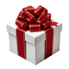White gift box with red ribbon isolated on transparent background