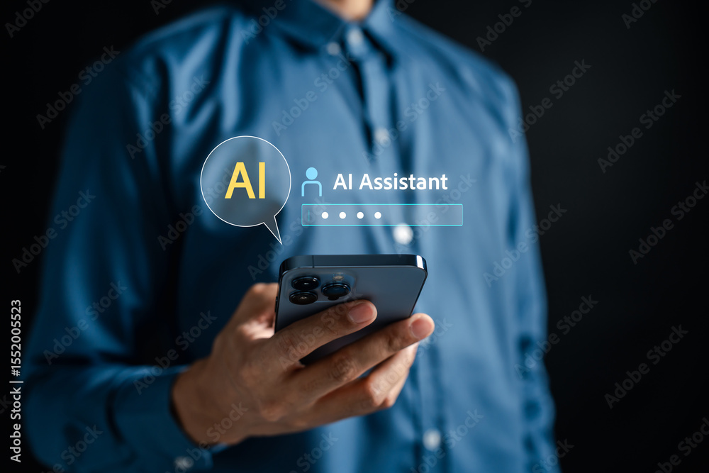 Aufkleber AI chatbot assistant technology on smartphone. Smart communication tool for digital interaction, virtual conversation, and automated customer support systems.