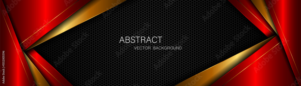 Aufkleber Abstract red and gold polygon with golden lines on dark steel mesh background with empty space for design. modern technology innovation concept background