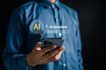 AI chatbot assistant technology on smartphone. Smart communication tool for digital interaction, virtual conversation, and automated customer support systems.