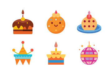 Colorful Vector Illustration of Birthday Cakes and Party Decorations