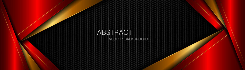 Abstract red and gold polygon with golden lines on dark steel mesh background with empty space for design. modern technology innovation concept background