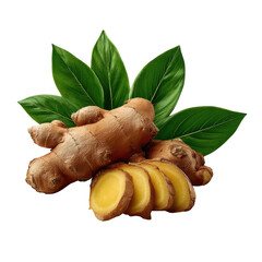 Fresh ginger root and leaves isolated on transparent background