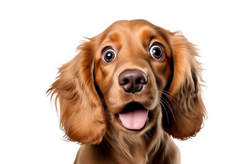 Surprised golden cocker spaniel dog with wide eyes and open mouth, isolated, transparent background, no background