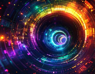 Obraz premium Colorful Digital Audio Wave Tunnel with Neon Particles