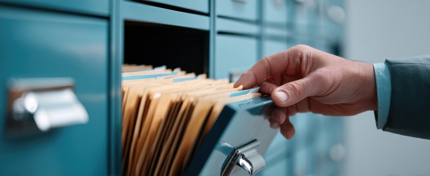 The hand retrieving files from a vintage blue filing cabinet drawer