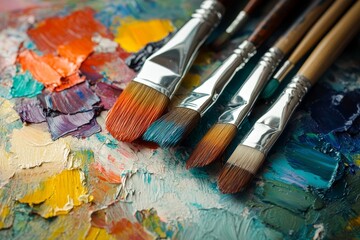 Obraz premium Close up view of vibrant paintbrushes resting on an artistic and colorful palette