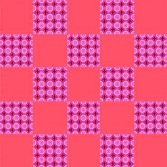 Colorful geometric pattern with pink squares and circular designs  