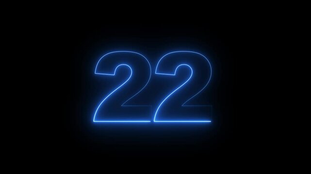 Neon 22 number mathematics text icon animation on black background. Glowing neon 22 motion graphics animation. Number 22 vector illustration. Digits with glowing lights and bulbs.  
