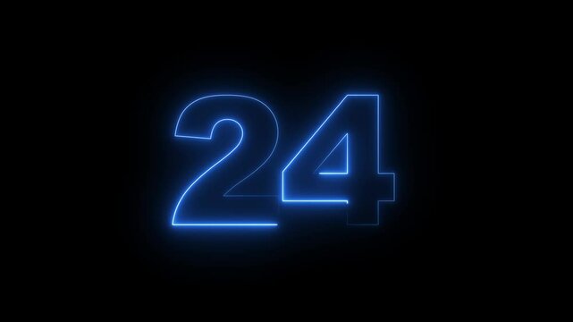 Neon 24 number mathematics text icon animation on black background. Glowing neon 24 motion graphics animation. Number 24 vector illustration. Digits with glowing lights and bulbs.  