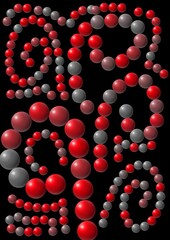 Abstract red and gray spheres in swirling design on black background  