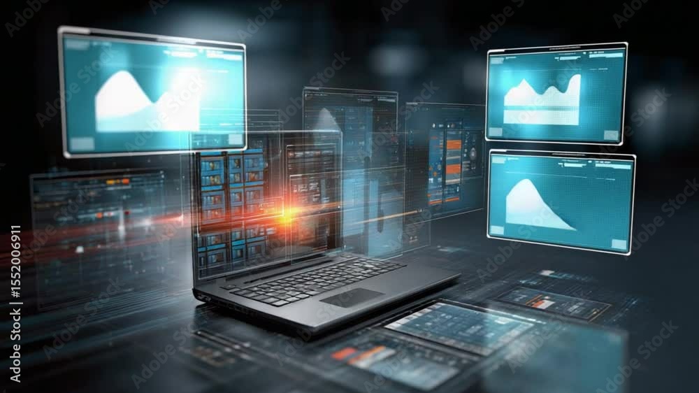 Poster Data Visualization Workspace: A futuristic digital workspace, featuring an open laptop and multiple displays showcasing intricate data visualizations.