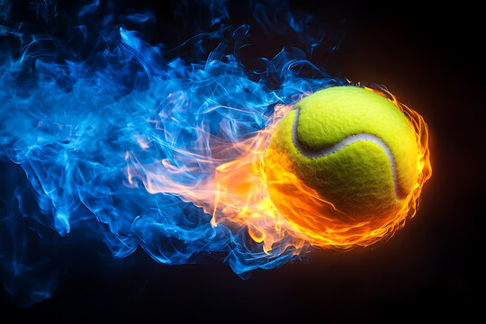 A vibrant tennis ball engulfed in fiery flames and blue smoke, symbolizing speed and energy