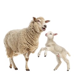 Fototapeta premium Sheep and lambs stand in a green, rural meadow, emblematic of farm life and spring agricultureSheep and lambs stand in a green, rural meadow, emblematic of farm life and spring agriculture