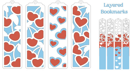 Set of bookmarks with cherry, Layered panel with berries and hearts, svg laser cut files