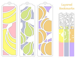 Layered panel with fruits, Banana, pear and peach svg, Bookmark set laser cut