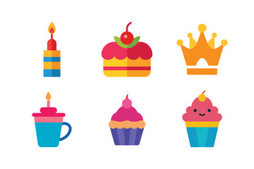 Colorful Birthday Celebration Icons Featuring Cupcakes Candle and a Crown