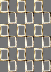 Decorative pattern of empty frames with gold borders on grey  