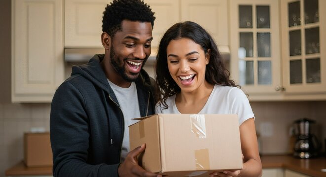 Excited couple opens a delivery box in their new kitchen, filled with joy and anticipation.