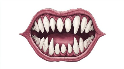 Naklejka premium Illustration of an open mouth showcasing sharp teeth, highlighting dental structure and anatomy in vivid detail.