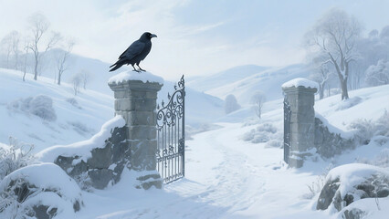 Fototapeta premium Raven perched on a snow-covered gate in a winter 