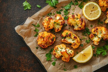 Herb infused roasted cauliflower wings with lemon against a subtle brown backdrop