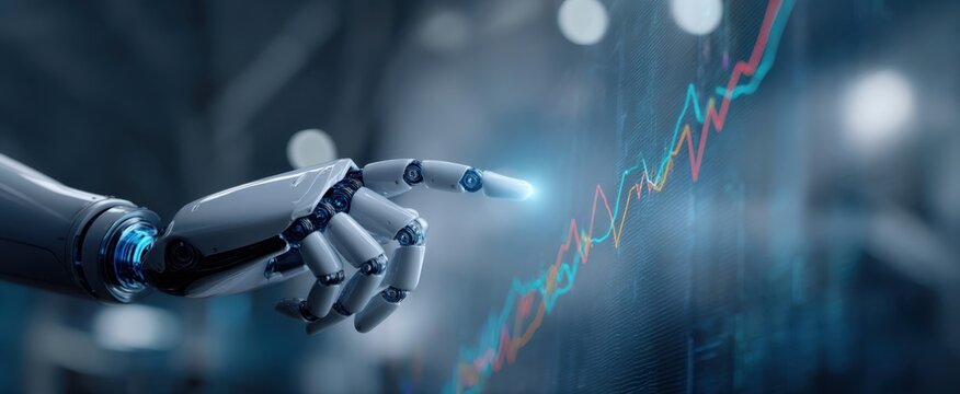 The robotic hand interacting with digital financial data and trends.