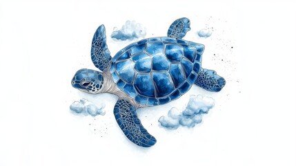 A beautifully illustrated blue turtle swimming among soft clouds, showcasing creativity and vibrant colors.