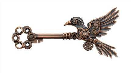 A unique steampunk key shaped like a bird, showcasing intricate gears and a creative design.