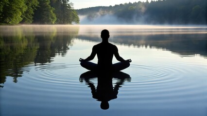 Healthy aging and longevity concept A serene silhouette meditates on calm water, surrounded by misty trees, embodying tranquility and mindfulness.