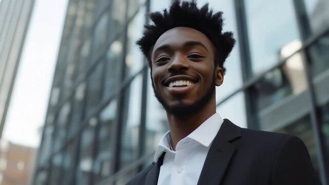 smiling black skin african young man in business suit against background of ordinary glass building, businessman, worker 
