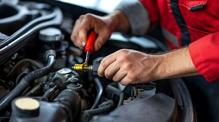 Obraz premium Action shot of a mechanic checking for brake fluid leaks near the brake caliper and hose connection