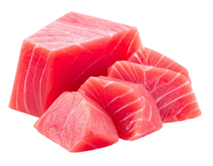 Fresh tuna cut into various sizes for sushi.