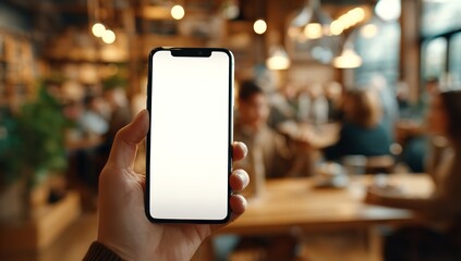 Hand Holding smartphone with Blank White Screen Outside Coffee Shop with Blurred Crowd and Cinematic Bokeh
