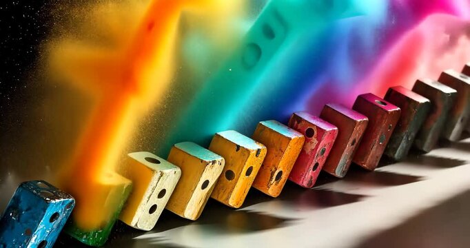 Colorful dominoes fall in a chain reaction, exploding with vibrant powder.