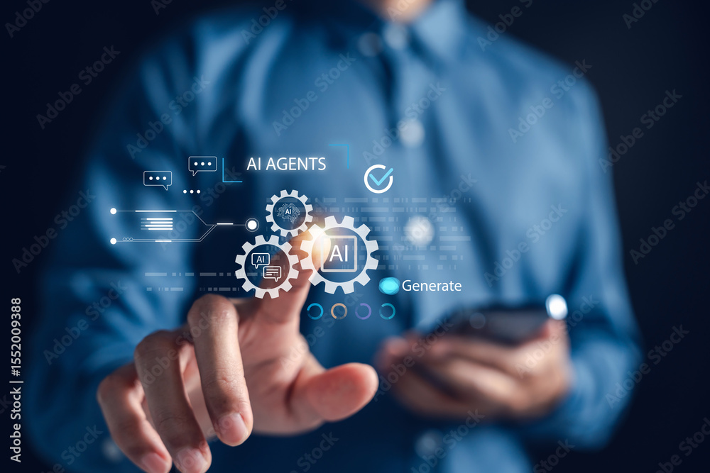 Poster AI technology for organizational improvement and development. Featuring AI agents, automation systems, chatbot communication, and smart tools for digital transformation and business growth.