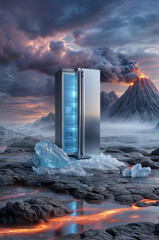 Modern fridge among ice cubes with an erupting volcano in the background. Cooling household appliances and refrigeration concept. Surreal illustration for poster, commercial, advertising, design 