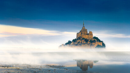 Mont Saint-Michel view in the sunrise light. Normandy, northern France