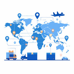 Global Logistics Network with Airplane Truck Car and Delivery Boxes on World Map Illustration in Blue and Orange Colors
