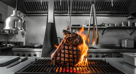 Prime Ribeye Steak On Grill In Professional Kitchen Under Bright Flame