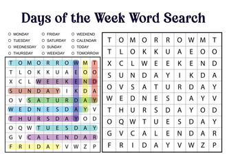 Days of the Week Word Search Puzzle for Educational Activities