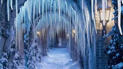 Enchanting winter pathway adorned with icicles and soft snow under dim lantern light - Powered by Adobe