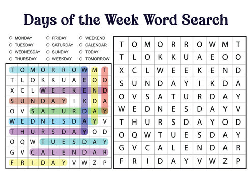 Days of the Week Word Search Puzzle for Educational Activities