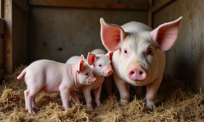 Protective Mother Pig with Curious Piglets on Cozy Straw Bedding